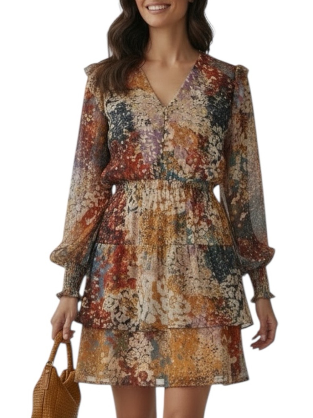 NWT AQUA Floral Metallic V-Neck Long Sleeve Smock Mini Lined Dress Size X-Large